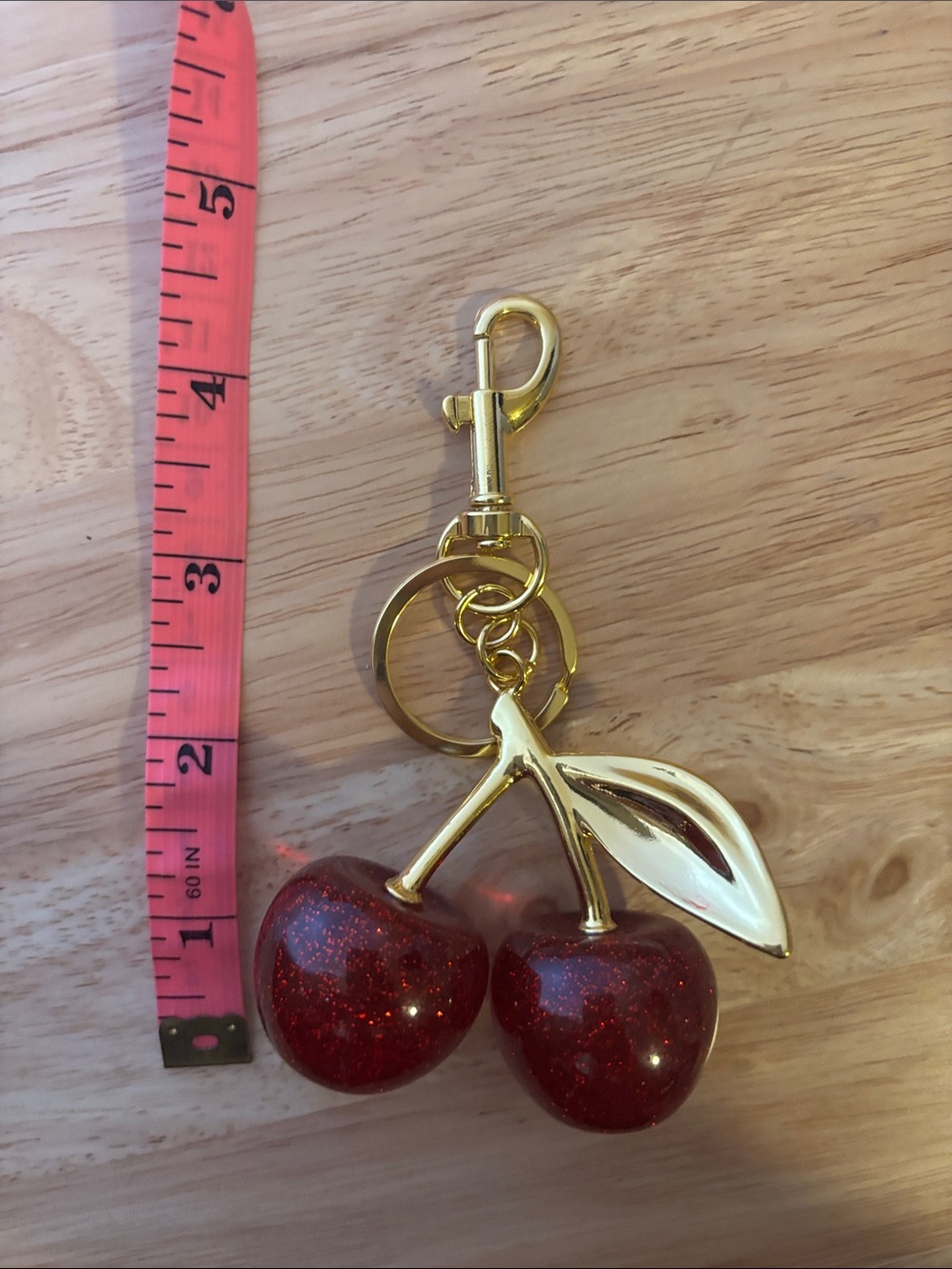 Sparkling Red Cherry Bag Charm, Keychain With Bronze Hardware - Picture 4 of 5